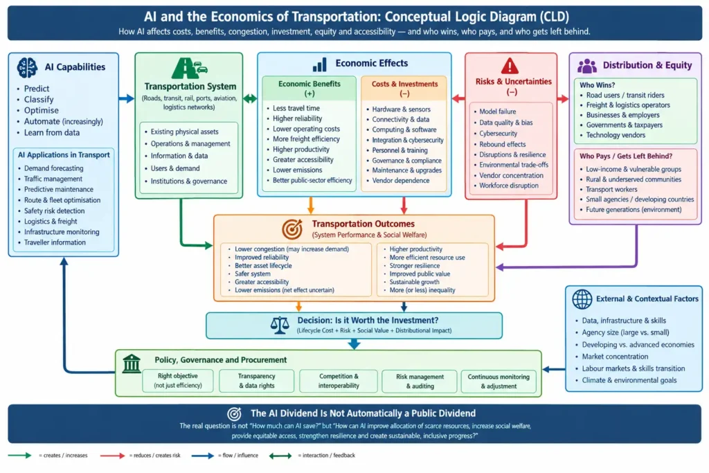 AI and transportation economics showing the impact of artificial intelligence on costs, jobs, mobility, and economic inequality.
