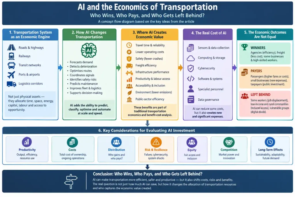 Concept flow diagram showing how artificial intelligence affects transportation costs, economic benefits, congestion, lifecycle investment, equity, and accessibility.