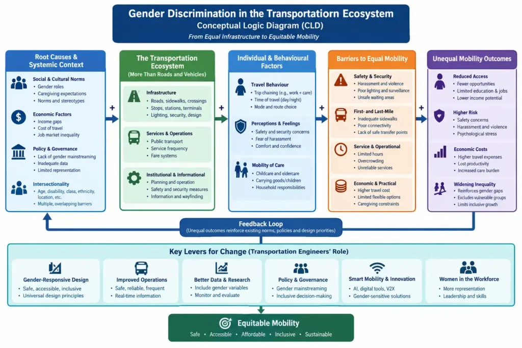 Conceptual logic diagram illustrating how gender differences in safety, accessibility, affordability, travel patterns, infrastructure, and transport planning contribute to unequal mobility experiences.