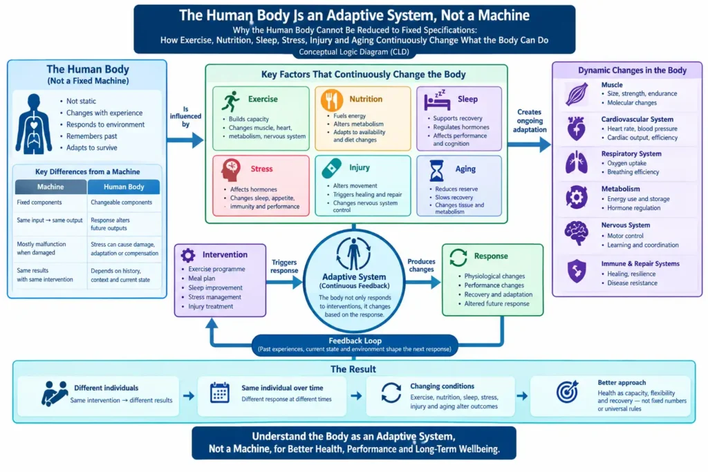 Conceptual logic diagram showing how exercise, nutrition, sleep, stress, injury, and aging interact to change the human body through continuous adaptation and feedback.