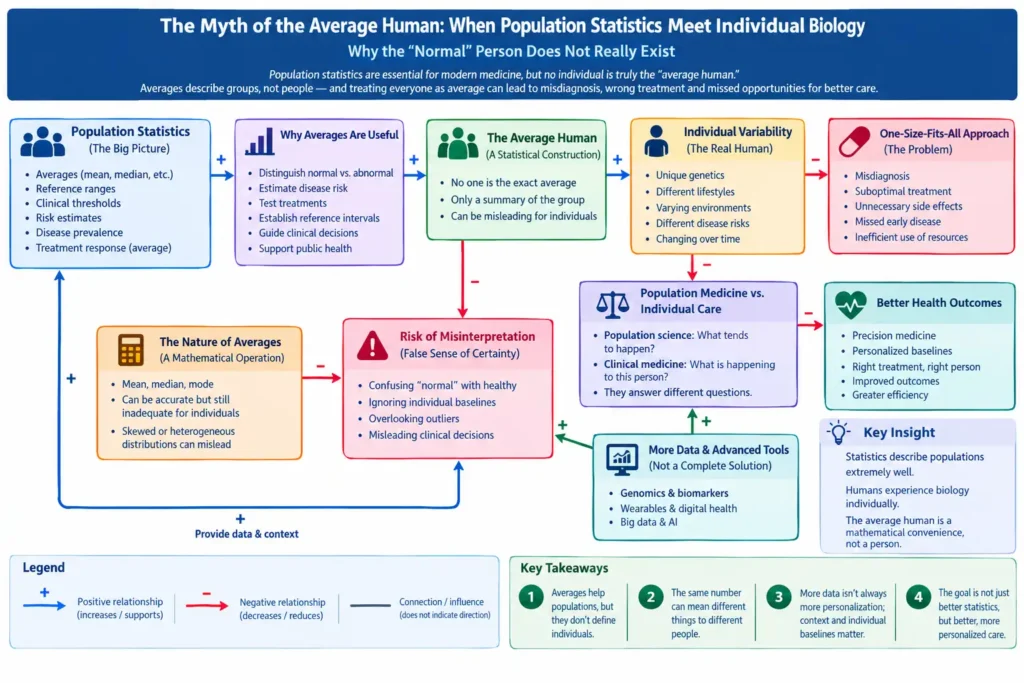 The myth of the average human illustrating individual biological differences hidden by population statistics and the concept of normality.