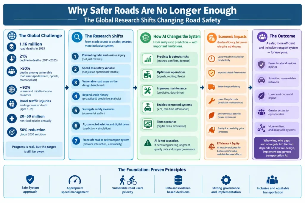 Concept flow diagram illustrating the shift from crash-based road safety analysis toward proactive risk assessment, predictive safety analysis, Safe System principles, and transport systems designed to prevent fatal and serious injuries.