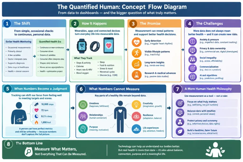 Concept flow diagram showing how wearable devices and health tracking apps transform personal data into health insights, alongside challenges involving privacy, anxiety, inequality, and the limits of measurement.